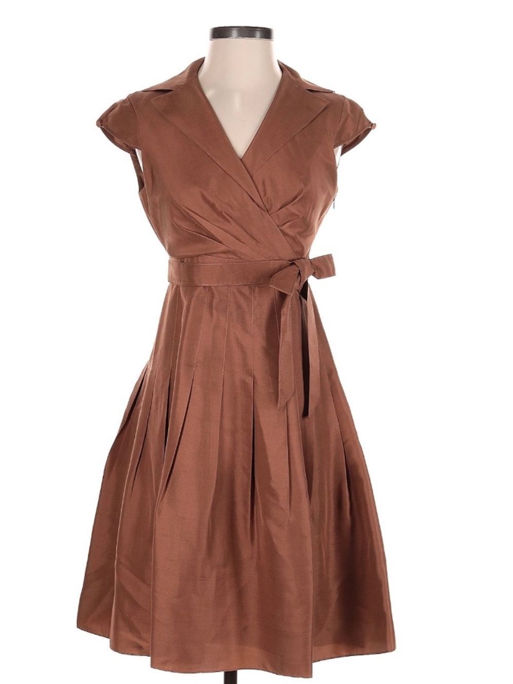 Talbots Petite 100% Silk Wrap Dress Brown Pleated Tie Waist Size 2P
